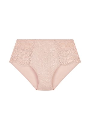 Bikini in pizzo di un delicato pesco con bordo ondulato. Caratterizzato da intricate fantasie a onde e da un tessuto morbido e elastico per il comfort.