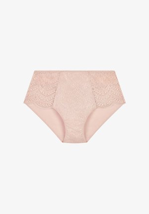 Bikini in pizzo di un delicato pesco con bordo ondulato. Caratterizzato da intricate fantasie a onde e da un tessuto morbido e elastico per il comfort.