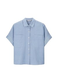Light blue short-sleeve button-up shirt featuring a pinstripe pattern, two chest pockets, and a classic collar. Made from lightweight fabric.