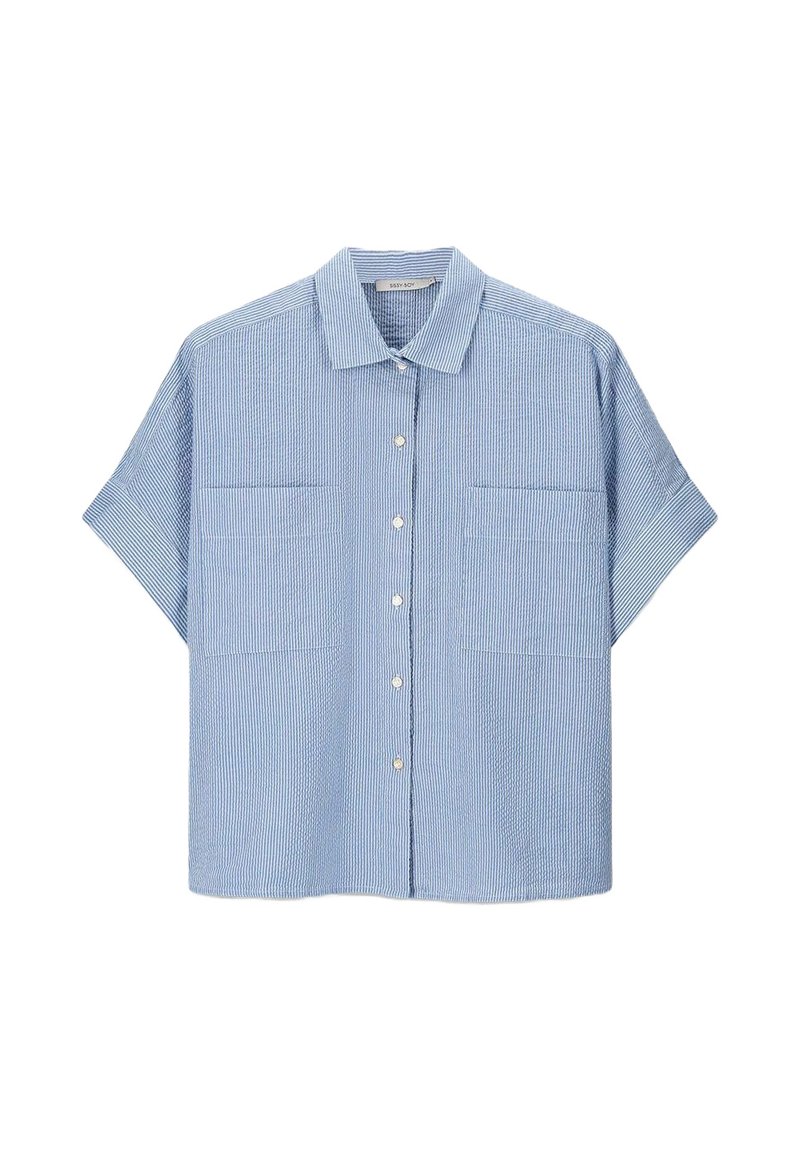 Light blue short-sleeve button-up shirt featuring a pinstripe pattern, two chest pockets, and a classic collar. Made from lightweight fabric.