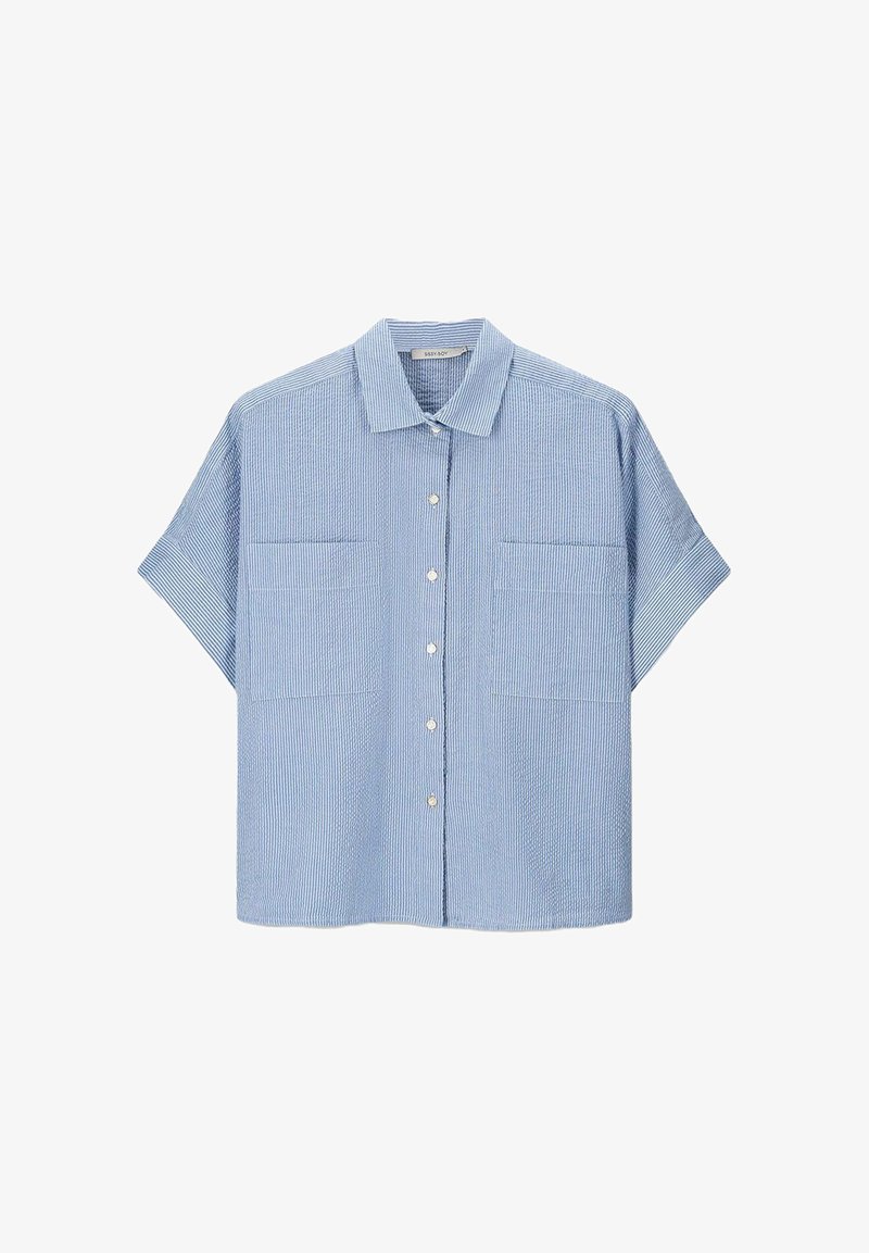 Light blue short-sleeve button-up shirt featuring a pinstripe pattern, two chest pockets, and a classic collar. Made from lightweight fabric.