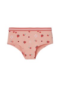 Rosa Baumwollunterwäsche mit einem verspielten Obstmuster, das Erdbeeren, Kirschen und Blumen zeigt, akzentuiert durch einen kontrastierenden gestreiften Bund.