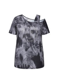 T-shirt a maniche corte tie-dye grigia e nera, con un design di faccina sorridente in strass e una spallina asimmetrica.