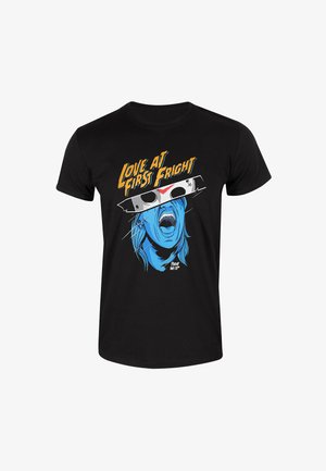 Černé bavlněné tričko s modrou grafickou ilustrací křičící tváře v hokejové masce a textem "Láska na první hrůzu."