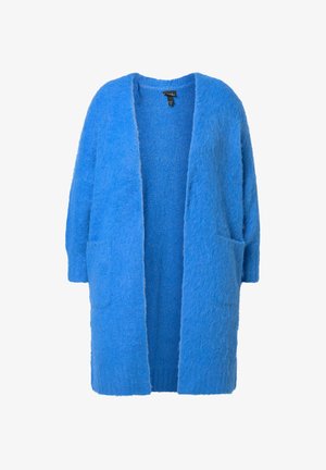 Blå fluffy cardigan med en løs pasform, åben front, to sidelommer og trekvartærmer. Blød tekstur og strikket stof.