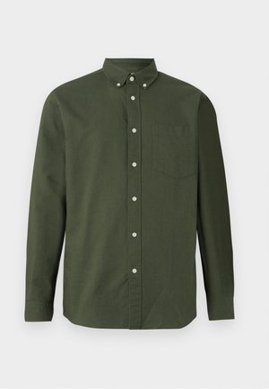 Dark green button-up shirt with long sleeves, collared neck, single chest pocket, and white button accents; made from a lightweight fabric.