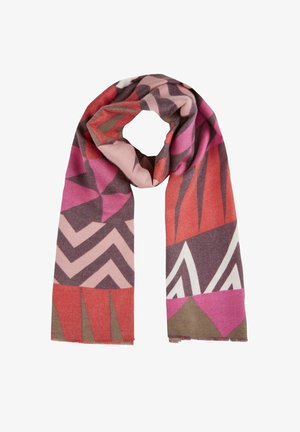 Multicolored scarf featuring geometric patterns in shades of pink, red, and purple. Soft fabric with a fringe edge detail.