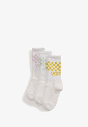 Tre par hvide crew-sokker med ribstrikkede manchetter, hver med et forskelligt farvet ternet mønster og Vans-logo på manchetterne i gul, grøn og pink.