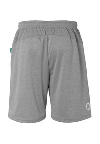 Grijze sportshorts van zachte stof, met een elastische tailleband, twee achterzakken en een klein logo op de rechterdij.