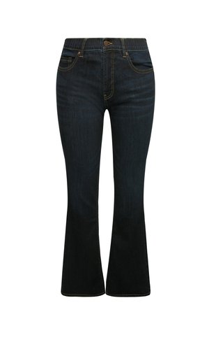 Jeans évasés en denim bleu foncé avec une taille ajustée, des poches cousues et une fermeture à bouton à l'avant, avec des détails légèrement décolorés.