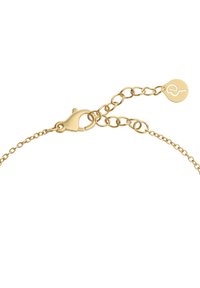 Bracciale in oro con chiusura a gancio, lunghezza regolabile con segmenti collegati e un piccolo ciondolo rotondo con logo in rilievo.