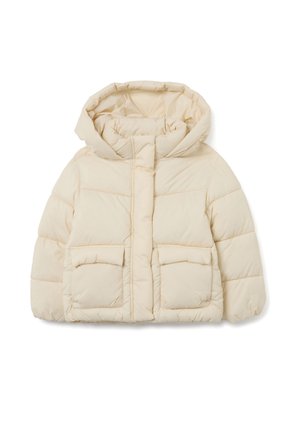 Beige Daunenjacke mit Kapuze, ausgestattet mit einem gesteppten Design, zwei großen Fronttaschen und einem Vorderreißverschluss. Weicher Stoff.