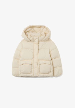 Beige Daunenjacke mit Kapuze, ausgestattet mit einem gesteppten Design, zwei großen Fronttaschen und einem Vorderreißverschluss. Weicher Stoff.