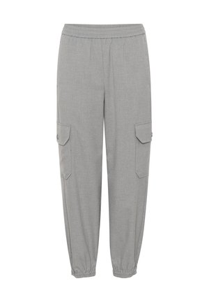 Harmaat cargo-housut, joissa on joustava vyötärö, kaksi sivutaskua ja joustavat resorit nilkoissa; pehmeää kangasta, jossa on sileä pinta.