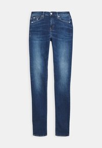 Tmavě modré džíny s úzkým střihem, které mají klasický design s pěti kapsami, přední zapínání na knoflík a jemné detaily blednutí.