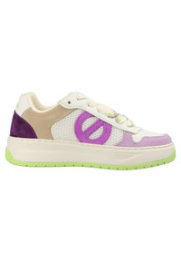 White sneaker with mesh and suede accents in purple and beige; textured sole in green; features circular logo and multi-colored laces.