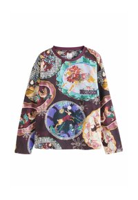 Langärmliges Hemd in Burgunderrot mit einem bunten, gemusterten Design, das Tiere und florale Motive zeigt, aus weichem, strukturiertem Stoff gefertigt.