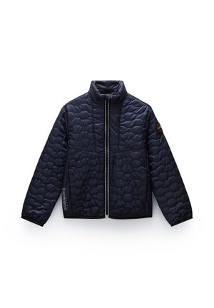 Navy blue, quilted jacket with a high collar, full front zipper, and elastic cuffs; features horizontal stitching and a logo patch on the sleeve.