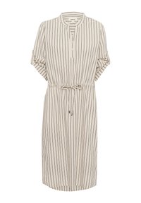 Robe rayée beige clair avec des manches courtes retroussées, un col montant, une fermeture à boutons à l'avant et une taille à cordon pour un ajustement réglable.