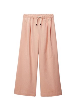 Pantalons larges rose clair en tissu doux, dotés d'une taille élastique avec cordon de serrage et de plis à l'avant.