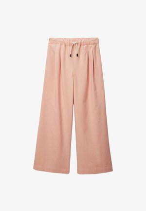 Pantalons larges rose clair en tissu doux, dotés d'une taille élastique avec cordon de serrage et de plis à l'avant.