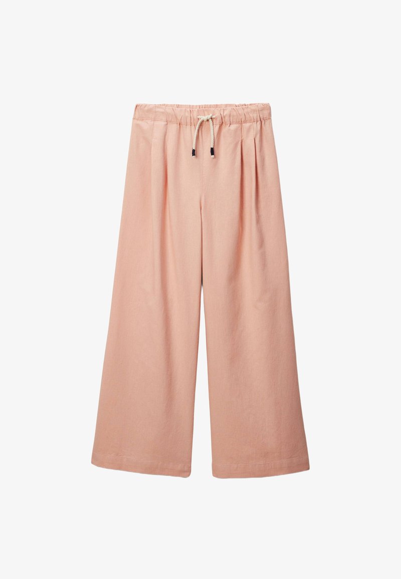 Pantalons larges rose clair en tissu doux, dotés d'une taille élastique avec cordon de serrage et de plis à l'avant.
