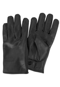 Black leather gloves with smooth texture, featuring five fingers, a snug fit, and a wrist snap closure for adjustment.