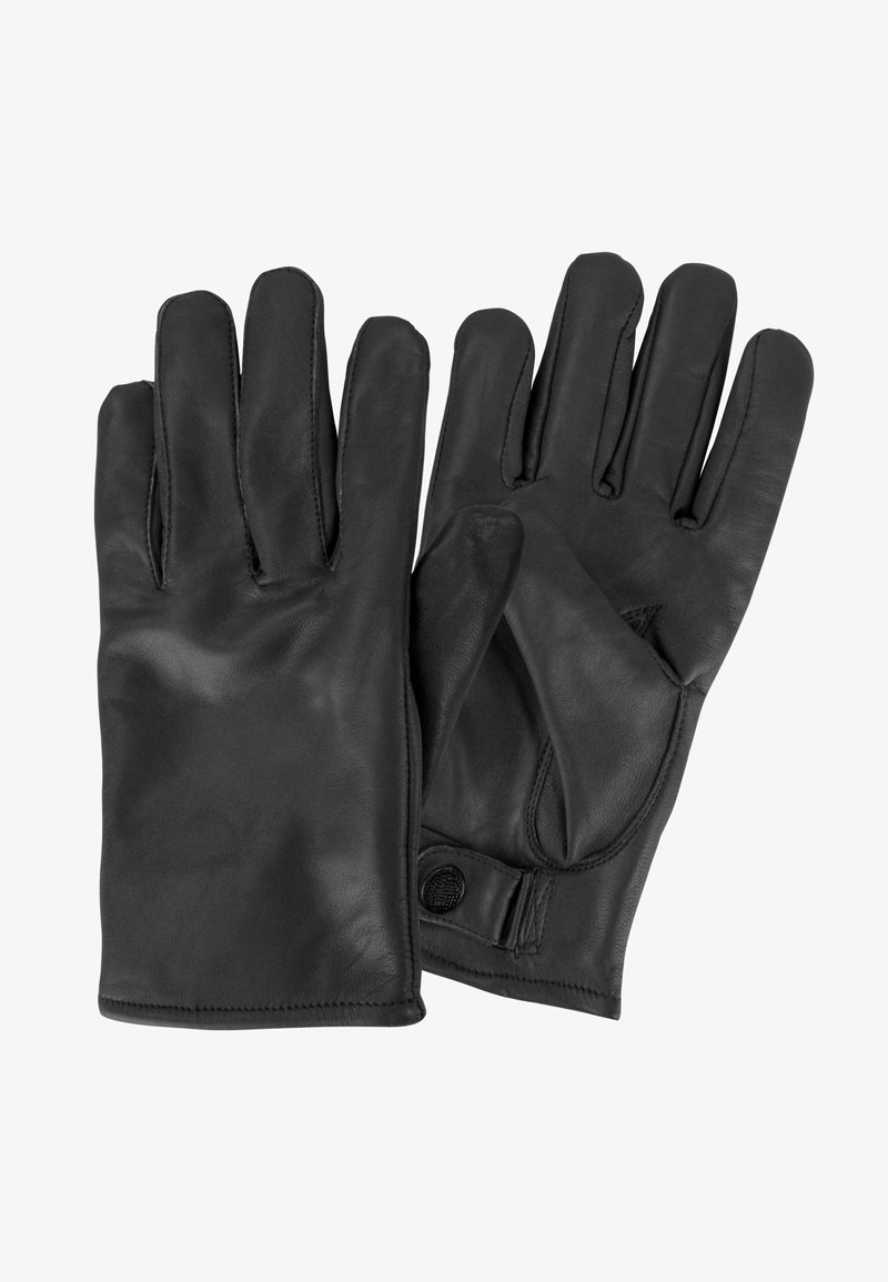 Schwarze Lederhandschuhe mit glatter Textur, die über fünf Finger, eine enge Passform und einen verstellbaren Handgelenksknopf verfügen.
