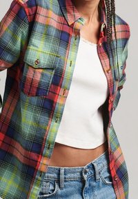 Camicia in flanella a scacchi multicolori con motivi verdi, rossi, gialli e blu, dotata di due tasche sul petto e chiusura con bottoni.