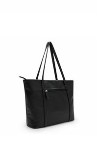 Borsa tote in pelle nera con superficie testurizzata, due manici lunghi e una tasca frontale con zip. Design semplice e rettangolare.