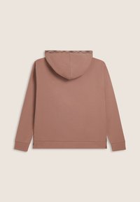 Felpa con cappuccio in cotone rosa polveroso, con cappuccio interno decorato, maniche lunghe e spacchi laterali per facilitare il movimento.