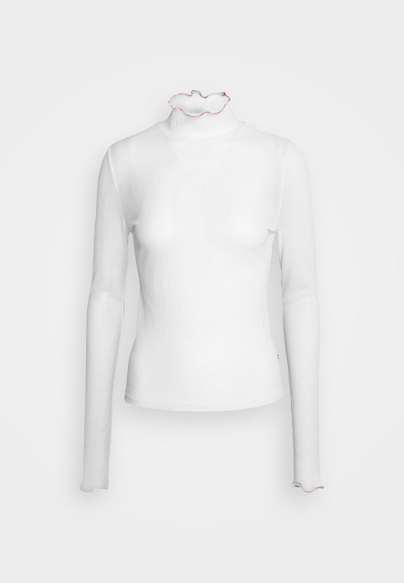 White long-sleeve top with a ruffled mock neck, featuring a textured surface and colorful accents along the collar and cuffs.