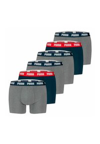 Pack of six boxer briefs in gray, navy, dark green, featuring elastic waistbands with "PUMA" logo in contrasting colors.