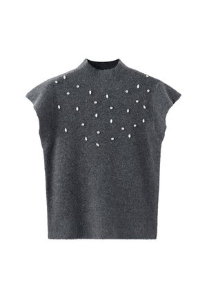 Pull en maille sans manches gris foncé avec col montant et petites décorations argentées ovales dispersées sur la partie supérieure devant.