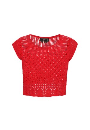 Crop top roșu tricotat, cu un model în diamante și mâneci scurte. Materialul este ușor, cu un design cu țesătură deschisă și un guler rotund.
