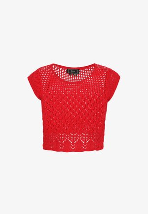 Červený pletený crop top s diamantovým vzorem a krátkými rukávy. Materiál je lehký s otevřenou tkaninou a kulatým výstřihem.