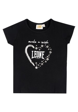 T-shirt noir à manches courtes avec des étoiles argentées formant un cœur autour du logo Leone 1947 et des mots « fais un vœu ».