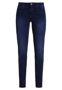 Tajta jeans i mörk indigo denim. Har hög midja, fem fickor och kontrasterande sömmar. Slät textur med en lätt stretch.