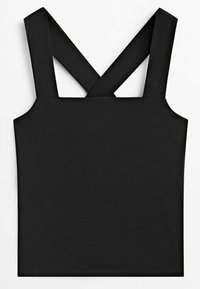 Top noir sans manches avec larges bretelles croisées dans le dos, encolure droite et silhouette ajustée.
