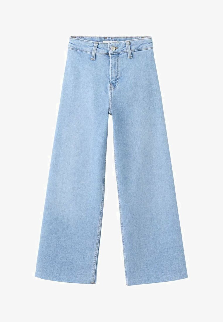 Hellblaue Jeans mit weitem Bein aus Denim-Stoff mit hoher Taille. Verfügt über einen vorderen Knopfverschluss und zwei Seitentaschen.