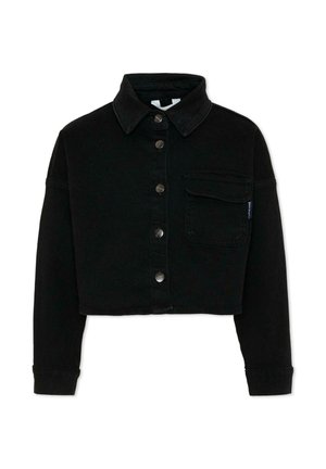 Zwarte cropped jas met lange mouwen, knoopsluiting aan de voorkant, kraag en een borstzak aan de linkerzijde.