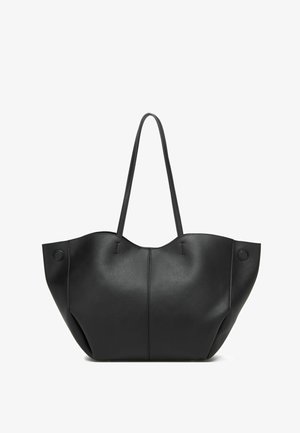 Schwarze Ledertasche mit strukturierter Form, doppelten Griffen und nahtlosem Design. Verfügt über eine strukturierte Oberfläche und Akzentstiche.