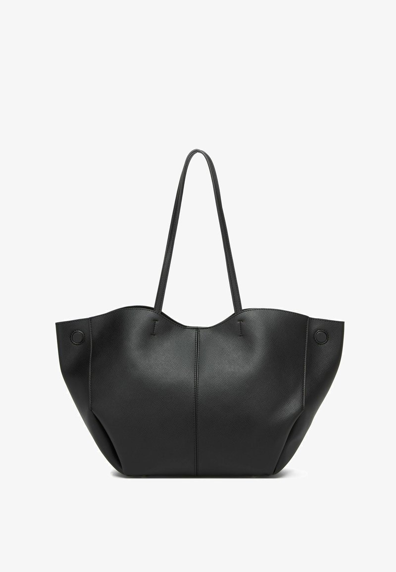 Mustast nahast käekott, millel on struktureeritud kuju, kahekordsed käepidemed ja sujuv disain. Omab tekstuurset pinda ja aktsentõmblusi.