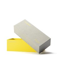 Graue rechteckige Box, teilweise geöffnet, mit einem gelben Innenraum. Auf dem Deckel sind eingeprägte Texte und Logos zu sehen. Das Material scheint strukturiert zu sein.