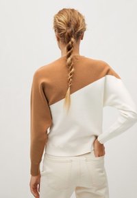 Maglione color block marrone e bianco con scollatura rotonda, maniche lunghe e texture morbida. Indossato con pantaloni chiari.