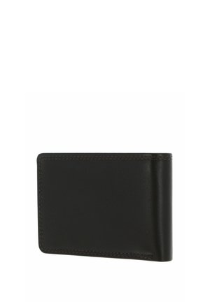 Black leather bifold wallet with visible stitching, closed, shown against a white background.