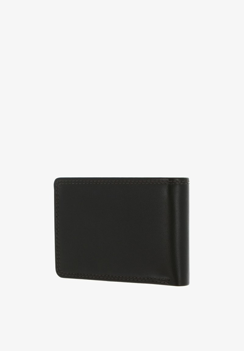 Portefeuille pliable en cuir noir avec coutures visibles, fermé, présenté sur fond blanc.