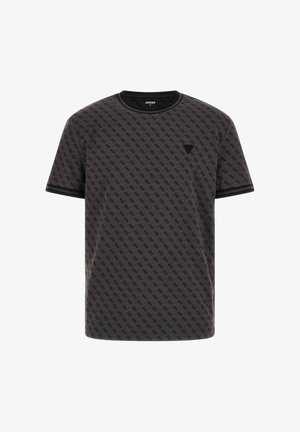 Schwarzes T-Shirt mit kurzen Ärmeln, das ein durchgängiges Logo-Muster aufweist, einen runden Ausschnitt hat und kontrastierende dunkle Akzente an den Ärmeln und dem Kragen besitzt.