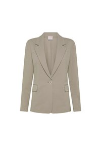 Blazer beige su misura con rever a punta, chiusura a un bottone, due tasche frontali e tessuto texture con finitura liscia.
