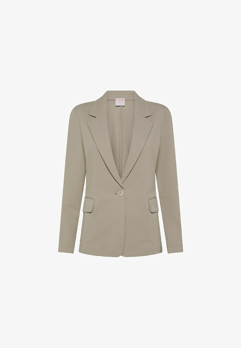 Blazer beige su misura con rever a punta, chiusura a un bottone, due tasche frontali e tessuto texture con finitura liscia.
